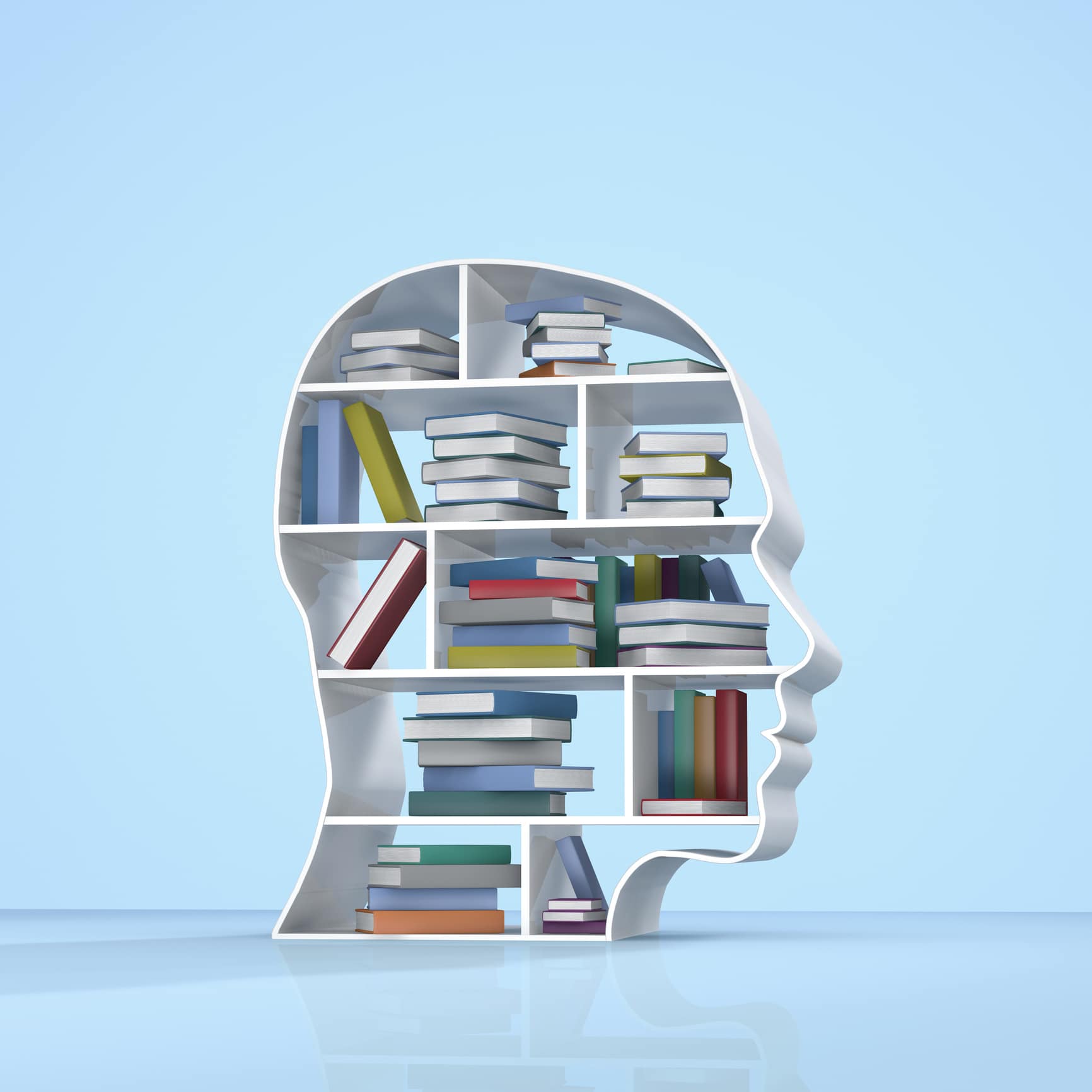 Head with a bookshelf and stacked books White outline of a transparent male head with a bookshelf and stacked books inside.