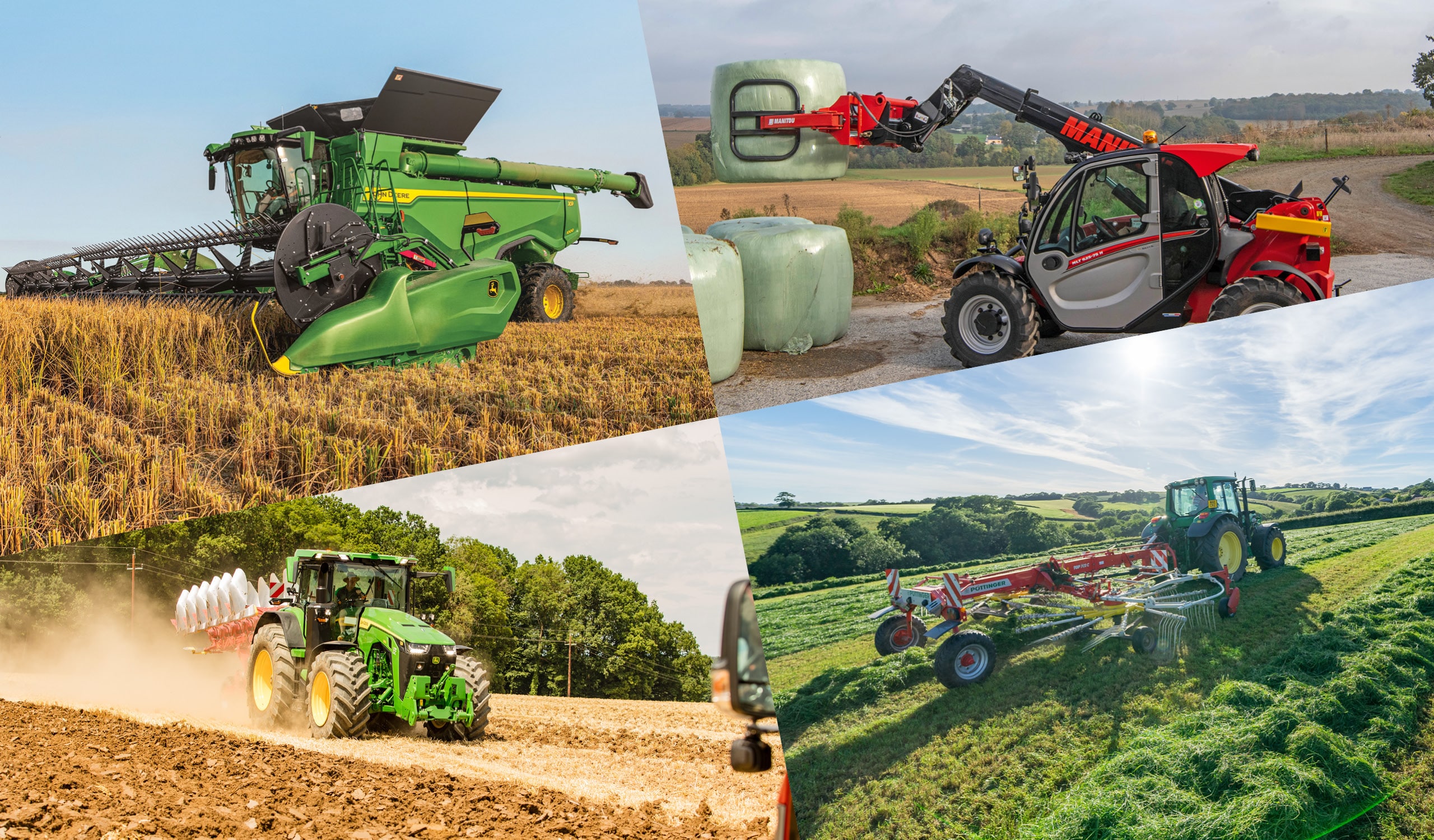 Collage Landtechnik, Foto von John Deere Maschinen und von einem Manitou